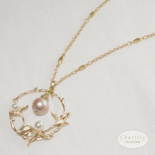 Load image into Gallery viewer, Daphne Leaf Ring of Life Pendant With Iridescent Green Pearl Long Necklace