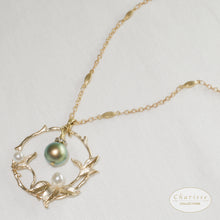 Load image into Gallery viewer, Daphne Leaf Ring of Life Pendant With Iridescent Green Pearl Long Necklace