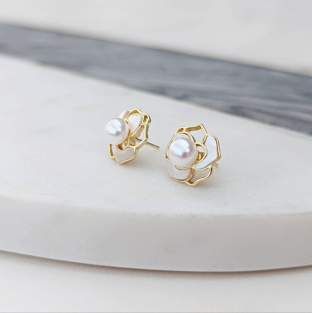 Aileen Camellia Shape With Japanese Freshwater Pearl Earrings
