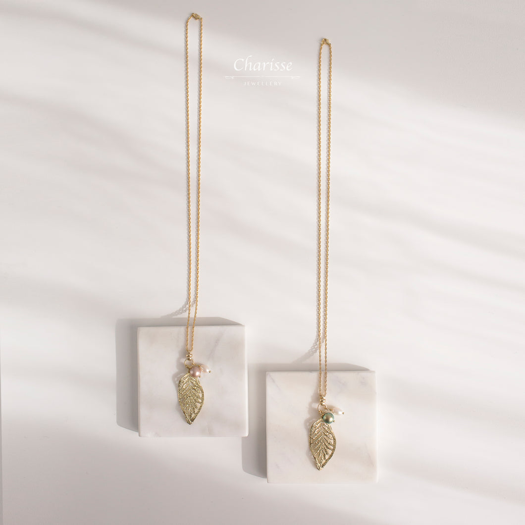 Allison Matte Leaf & Swarovski Crystal Pearl Long Necklace