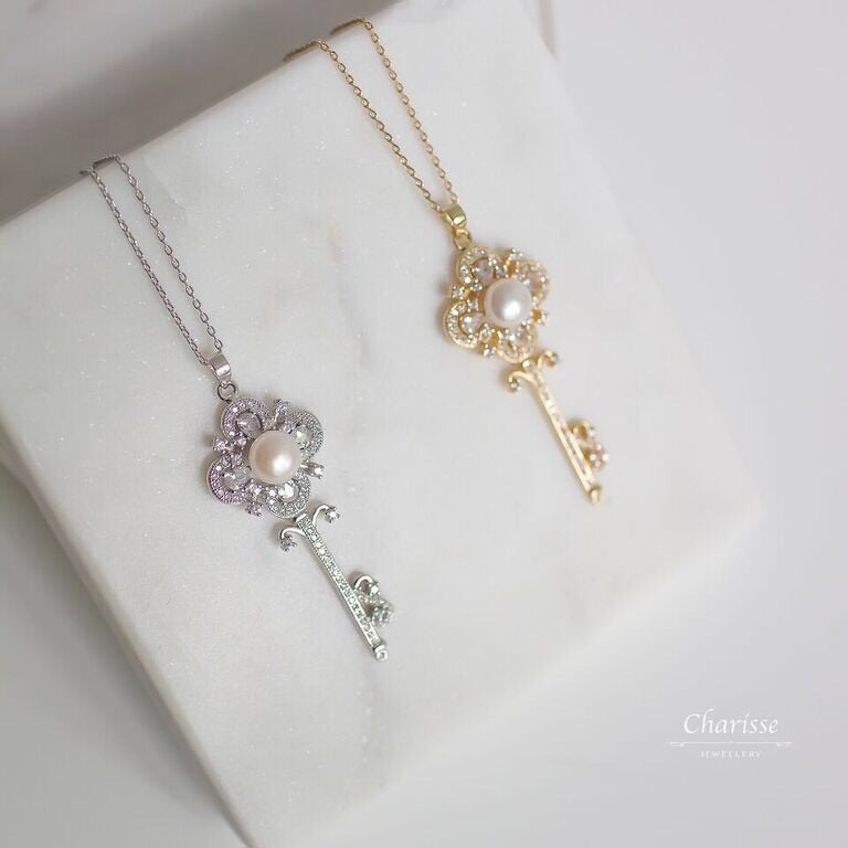 Alma CZ Diamond Key Pearl Necklace