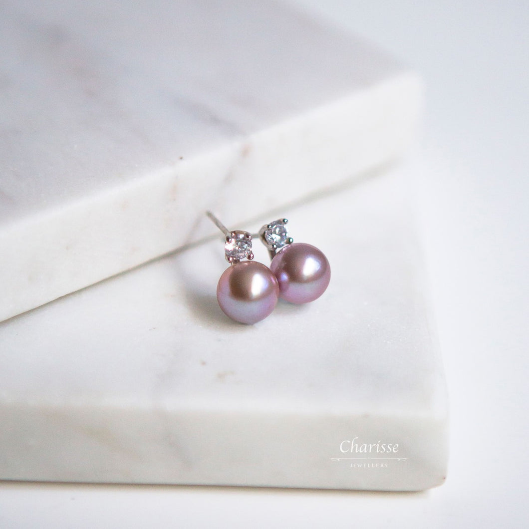 April Violet Japanese Seawater Pearl with CZ Diamond Earrings